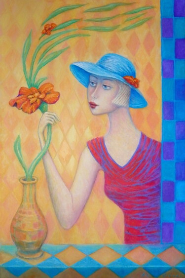 Ζωγραφική με τίτλο "Kobieta i kwiat" από Bohdan Wincenty Łoboda, Αυθεντικά έργα τέχνης, Ακρυλικό