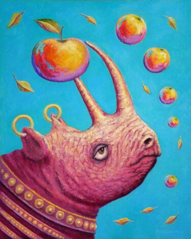 Peinture intitulée "Rhinoceros - apple" par Bohdan Wincenty Łoboda, Œuvre d'art originale, Acrylique