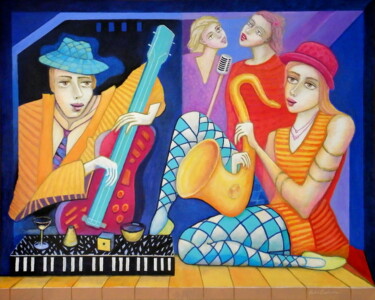 Schilderij getiteld "Jazz - sax - bass" door Bohdan Wincenty Łoboda, Origineel Kunstwerk, Acryl
