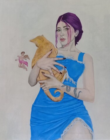 Pintura titulada "Jazmín con gato." por Bonifacio Contreras, Obra de arte original, Oleo