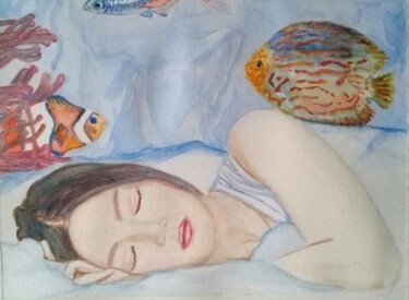 Schilderij getiteld "Mujer soñando I" door Bonifacio Contreras, Origineel Kunstwerk, Aquarel