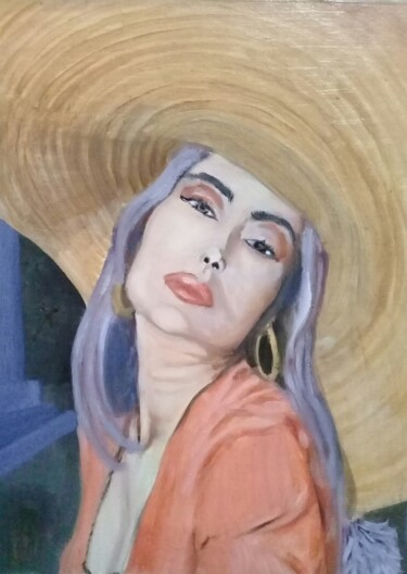 Malerei mit dem Titel "Mujer con sombrero" von Bonifacio Contreras, Original-Kunstwerk, Öl