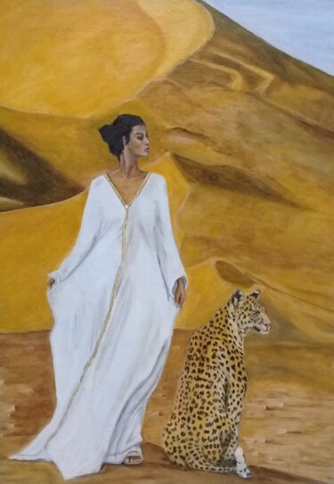 Pittura intitolato "Mujer con leopardo…" da Bonifacio Contreras, Opera d'arte originale, Olio