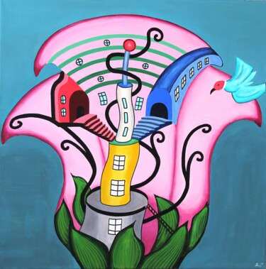 Картина под названием "Flower Town" - Bonsanthy, Подлинное произведение искусства, Акрил Установлен на Деревянная рама для н…