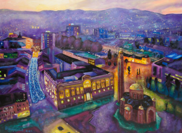 Malarstwo zatytułowany „Night City of Banja…” autorstwa Boris Subotic, Oryginalna praca, Olej Zamontowany na Drewniana rama…