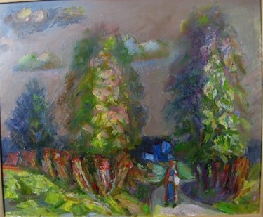 Painting titled "Деревенская дорога" by Boris Kotov, Original Artwork, Oil