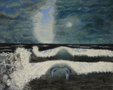 Malerei mit dem Titel "Dolphins in the dark" von Bosa Steinert, Original-Kunstwerk, Öl