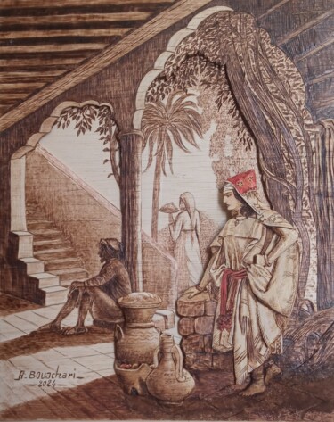 Gravures & estampes intitulée "Femme kabyle faisan…" par Ahmed Bouachari, Œuvre d'art originale, Bois Monté sur Châssis en b…
