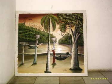 Schilderij getiteld "couché de soleil au…" door Boubacar Sow, Origineel Kunstwerk, Olie