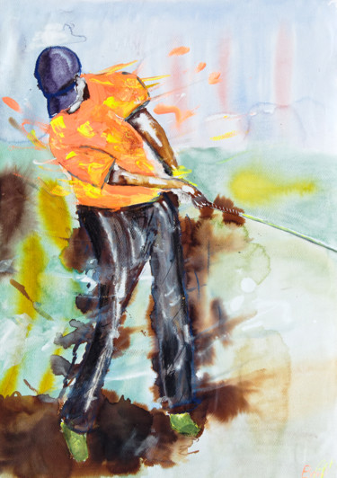 Painting titled "le golfeur orange.j…" by Alain Boudard, Original Artwork, Watercolor