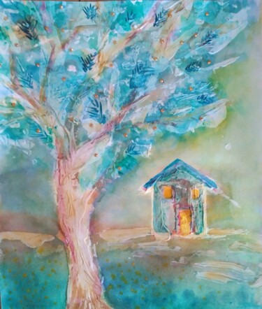 Peinture intitulée "La maison bleue" par Greensleeves, Œuvre d'art originale, Aquarelle