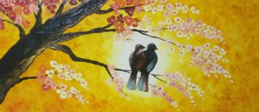 Pintura titulada "Pássaros na Cerejei…" por Breno Chieppe Traspadini, Obra de arte original, Oleo Montado en Panel de madera