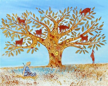 Painting titled "L' arbre à chèvres." by Brigitte Andre, Original Artwork, Acrylic Mounted on Wood Stretcher frame