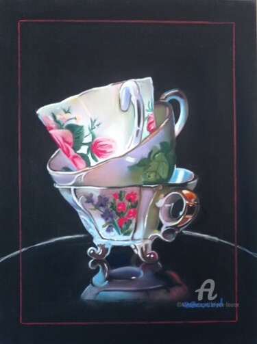 Pintura intitulada "Les tasses" por Brigitte Bouron, Obras de arte originais, Pastel Montado em Armação em madeira