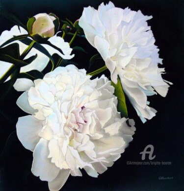 Painting titled "Les Pivoines blanch…" by Brigitte Bouron, Original Artwork, Oil