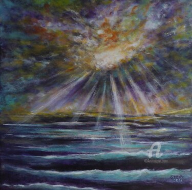 Painting titled "Soleil mystique" by Brigitte Conan (Steva), Original Artwork, Acrylic Mounted on Wood Stretcher frame