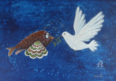 Painting titled "Le Poissonneau et l…" by Brigitte Conan (Steva), Original Artwork, Acrylic Mounted on Wood Stretcher frame