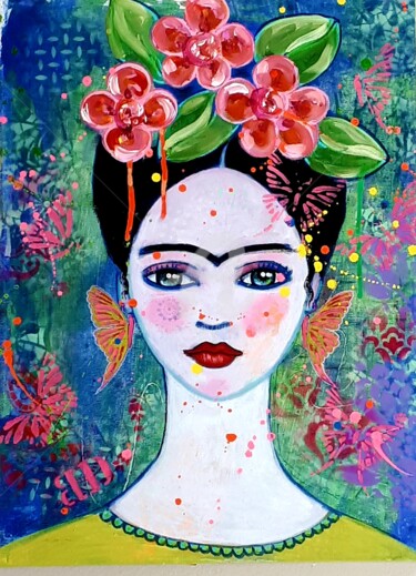 Painting titled "Viva Frida 1" by Brigitte Dravet, Original Artwork, Acrylic Mounted on Wood Stretcher frame