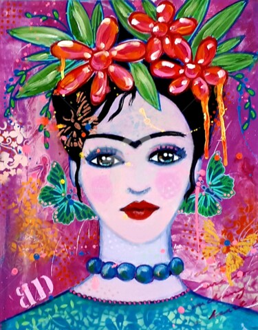 Malerei mit dem Titel "Viva Frida 2" von Brigitte Dravet, Original-Kunstwerk, Acryl Auf Keilrahmen aus Holz montiert