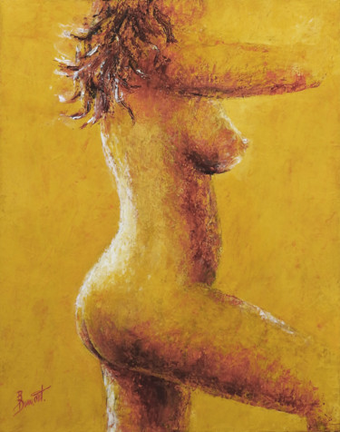Schilderij getiteld "Nu sur fond jaune" door Brigitte Dumont, Origineel Kunstwerk, Olie