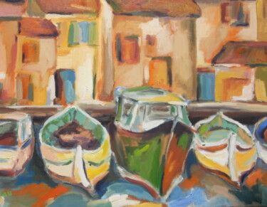 Картина под названием "barques au port" - Brigitte Godeau, Подлинное произведение искусства, Масло Установлен на Деревянная…