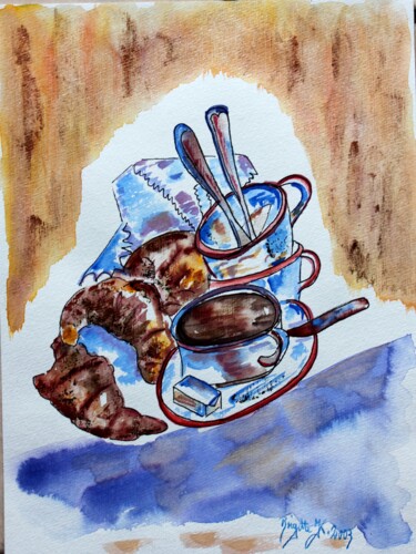 Malerei mit dem Titel "petit-dejeuner" von Brigitte Kölli, Original-Kunstwerk, Aquarell