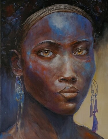 Painting titled "AFRICAINE fière" by Brigitte Krief, Original Artwork, Oil Mounted on Wood Stretcher frame