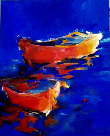 Painting titled "2 BARQUES ROUGES" by Brigitte Krief, Original Artwork, Acrylic Mounted on Wood Stretcher frame