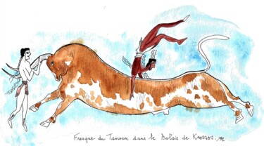 Disegno intitolato "Fresque du taureau" da Brigitte Mathé (MBL), Opera d'arte originale, Acquarello