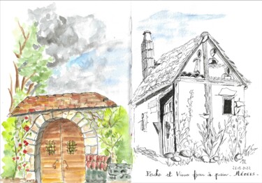 Zeichnungen mit dem Titel "Porche et Cabane à…" von Brigitte Mathé (MBL), Original-Kunstwerk, Aquarell