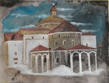 Schilderij getiteld "L'église abbatiale…" door Brigitte Mathé (MBL), Origineel Kunstwerk, Aquarel