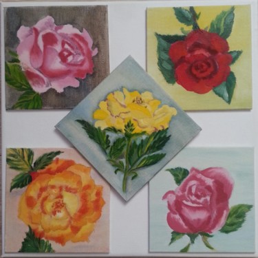 Pittura intitolato "cinq roses" da Brigitte Mathé (MBL), Opera d'arte originale, Olio