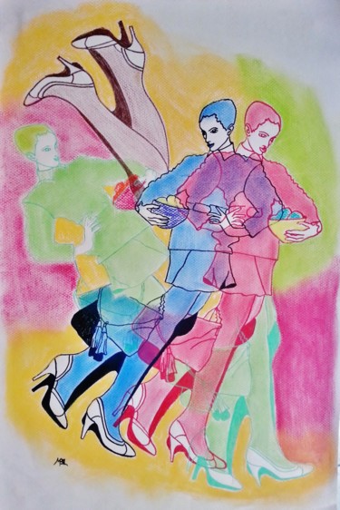 Tekening getiteld "Promenade" door Brigitte Mathé (MBL), Origineel Kunstwerk, Pastel