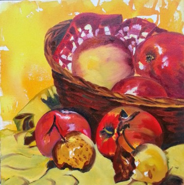 Malarstwo zatytułowany „Le panier de pommes…” autorstwa Brigitte Mathé (MBL), Oryginalna praca, Olej Zamontowany na Drewnian…