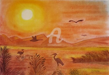 Dessin intitulée "COUCHER DE SOLEIL A…" par Brigitte Payen (B.PAYEN), Œuvre d'art originale, Pastel