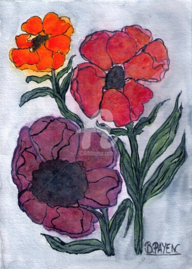 Painting titled "ANEMONES" by Brigitte Payen (B.PAYEN), Original Artwork, Watercolor