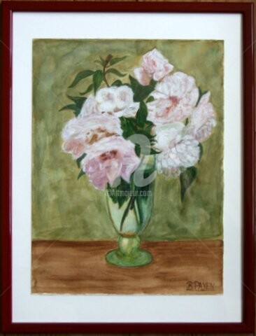 Painting titled "BOUQUET DE ROSES AN…" by Brigitte Payen (B.PAYEN), Original Artwork, Watercolor Mounted on Wood Stretcher f…