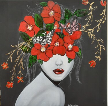 Pittura intitolato "Femme fleurs numéro…" da Brigitte Bodo, Opera d'arte originale, Olio Montato su Telaio per barella in le…