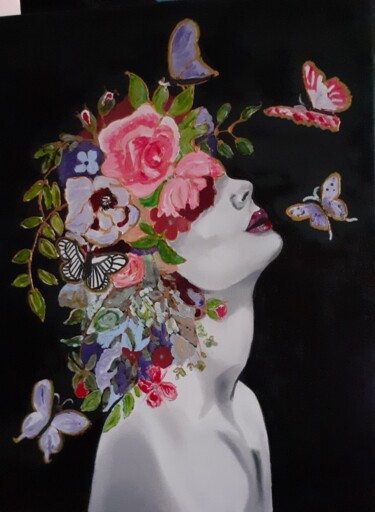 Painting titled "Femme fleurs numéro…" by Brigitte Bodo, Original Artwork, Oil Mounted on Wood Stretcher frame