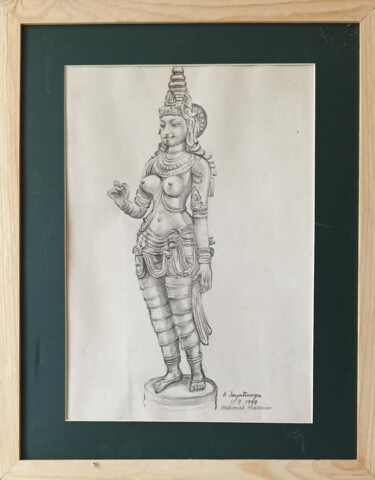 Malarstwo zatytułowany „Asian deity” autorstwa Brindley Jayatunga, Oryginalna praca, Ołówek Zamontowany na Szkło