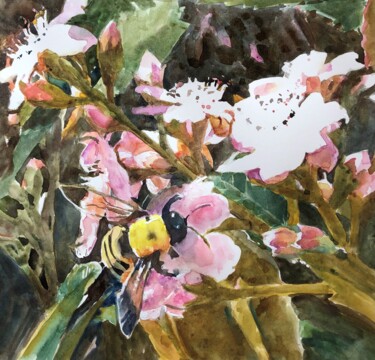 Painting titled "Blossoms and Bees" by Bronwen Jones, Original Artwork, Watercolor