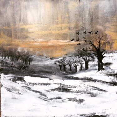 Painting titled "SNOWY DAY WITH CROWS" by Brooke Major, Original Artwork, Oil Mounted on Wood Stretcher frame