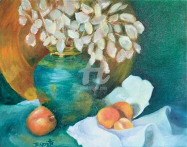 Painting titled "Lunas in a Teal Vase" by B.Rossitto, Original Artwork, Oil