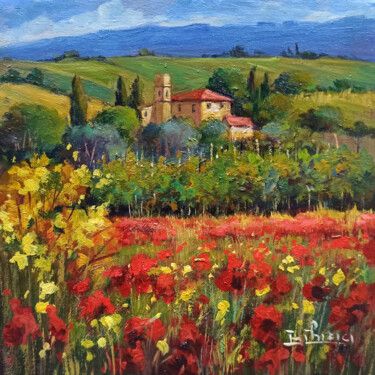 Painting titled "Vineyard and flower…" by Bruno Chirici, Original Artwork, Oil Mounted on Wood Stretcher frame