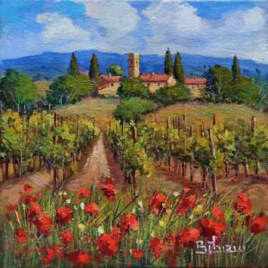 Pintura titulada "Village with flower…" por Bruno Chirici, Obra de arte original, Oleo Montado en Bastidor de camilla de mad…