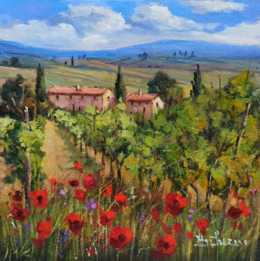 Painting titled "Vineyard and red fl…" by Bruno Chirici, Original Artwork, Oil Mounted on Wood Stretcher frame
