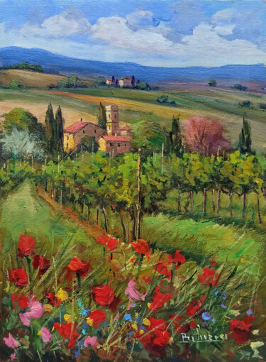 Painting titled "Village with vineya…" by Bruno Chirici, Original Artwork, Oil Mounted on Wood Stretcher frame