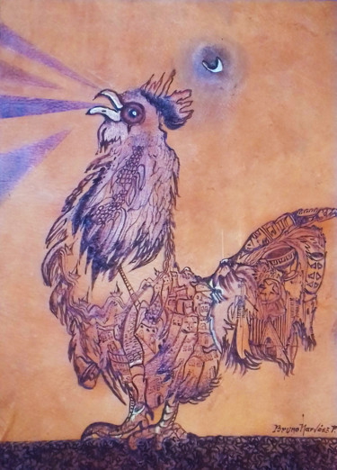 Estampas & grabados titulada "El Gallo Cantor" por Bruno Narváez Pazos, Obra de arte original, Grabado