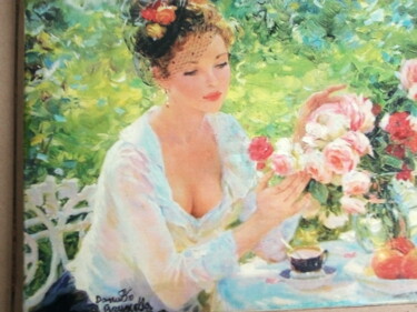Peinture intitulée "Ines con le rose" par Bruscella Donato, Œuvre d'art originale, Huile