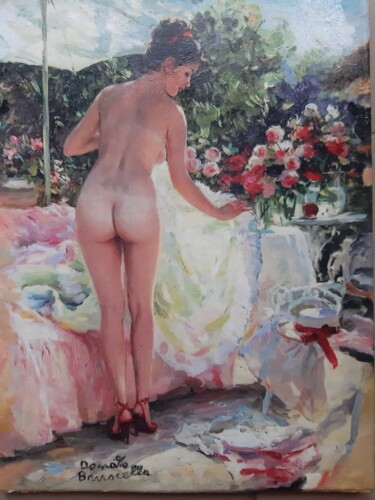 Schilderij getiteld "INES NUDA SULLA TER…" door Bruscella Donato, Origineel Kunstwerk, Olie